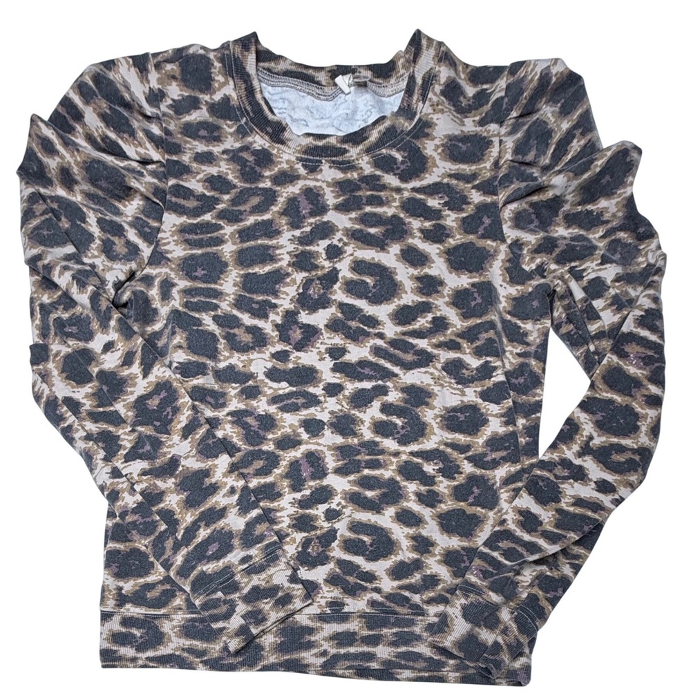 Moth Anthropologie Leopard Print Puff Shoulder Sweatshirt Brown Tan Small T9